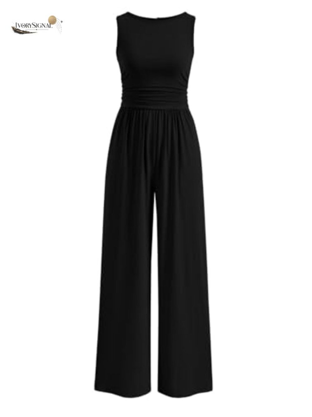 Wide Leg Jumpsuit Sleeveless Crewneck Casual Romper with Pockets for Women